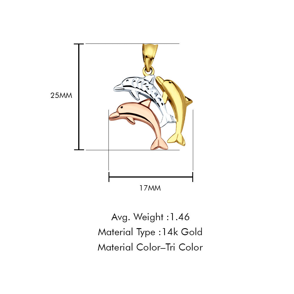 14K Tri Color Gold Dolphin Pendant 25mmX17mm With 16 Inch To 24 Inch 0.9MM Width Wheat Chain Necklace