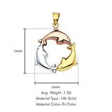 14K Tri Color Gold Dolphin Pendant 24mmX24mm With 16 Inch To 24 Inch 0.8MM Width Square Wheat Chain Necklace