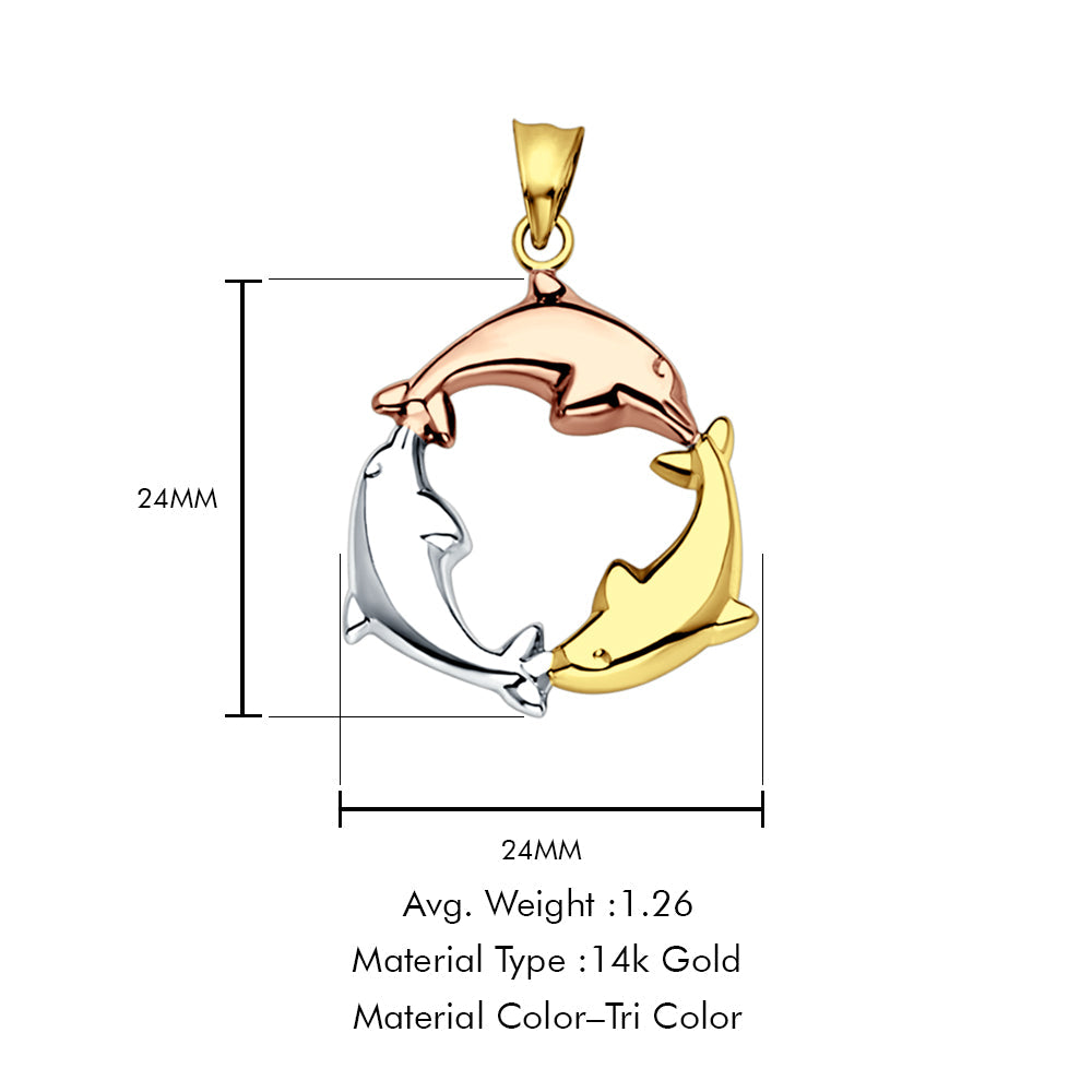 14K Tri Color Gold Dolphin Pendant 24mmX24mm With 16 Inch To 24 Inch 1.1MM Width Wheat Chain Necklace