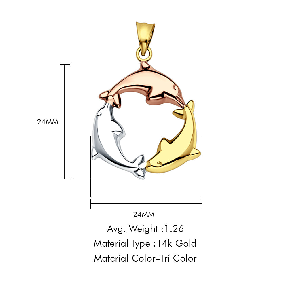 14K Tri Color Gold Dolphin Pendant 24mmX24mm With 16 Inch To 22 Inch 0.5MM Width Box Chain Necklace