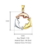 14K Tri Color Gold Dolphin Pendant 24mmX24mm With 16 Inch To 22 Inch 1.2MM Width Flat Open Wheat Chain Necklace