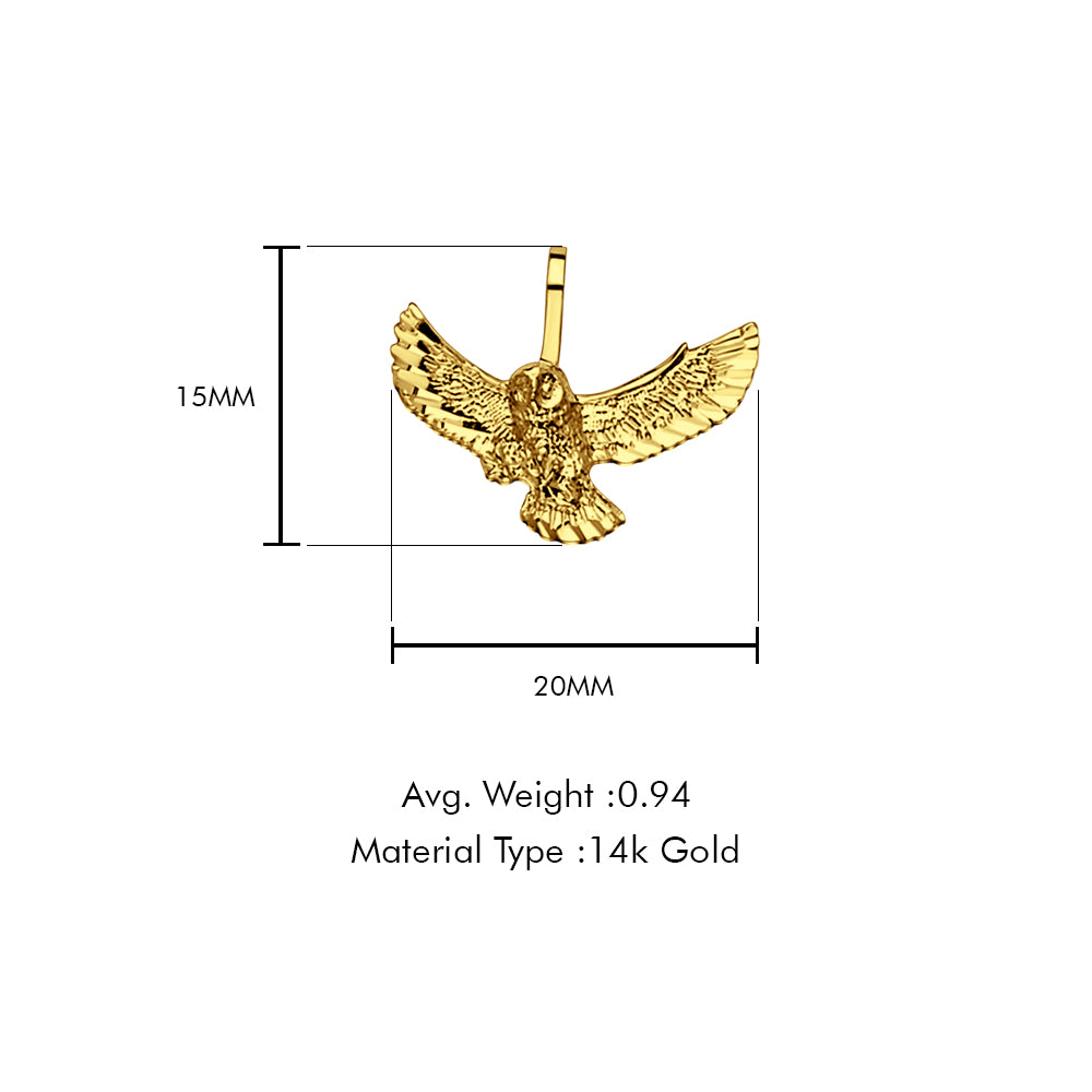 14K Yellow Gold Owl Pendant 15mmX20mm With 16 Inch To 24 Inch 0.9MM Width Wheat Chain Necklace