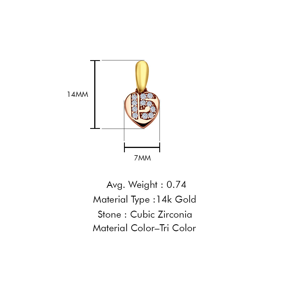 14K Tri Color Gold 15 Years Pendant 14mmX7mm With 16 Inch To 24 Inch 1.0MM Width DC Round Wheat Chain Necklace