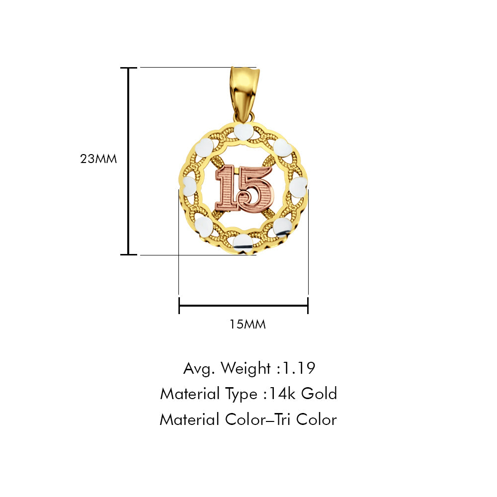 14K Tri Color Gold 15 Years Pendant 23mmX15mm With 16 Inch To 22 Inch 0.5MM Width Box Chain Necklace