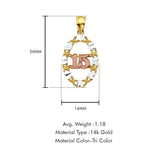 14K Tri Color Gold 15 Years Pendant 26mmX14mm With 16 Inch To 24 Inch 1.1MM Width Wheat Chain Necklace