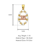 14K Tri Color Gold 15 Years Pendant 26mmX14mm With 16 Inch To 24 Inch 0.8MM Width Box Chain Necklace