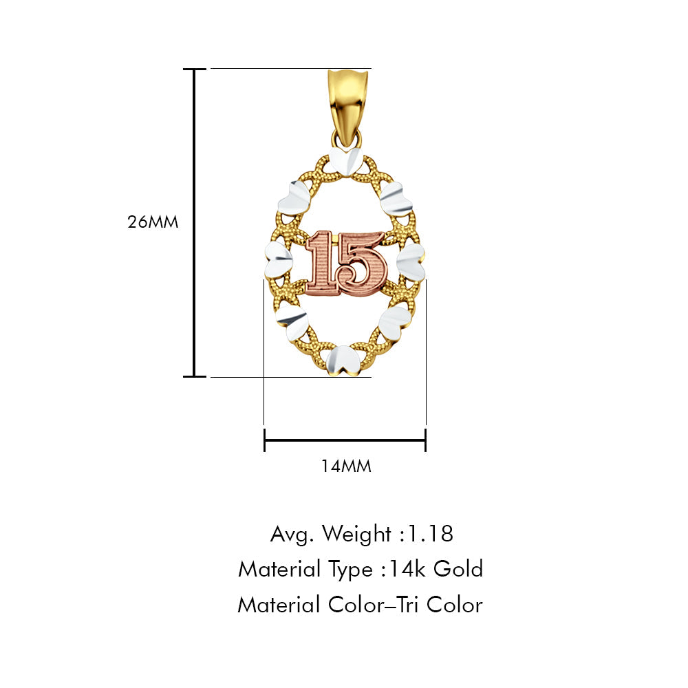 14K Tri Color Gold 15 Years Pendant 26mmX14mm With 16 Inch To 22 Inch 0.5MM Width Box Chain Necklace