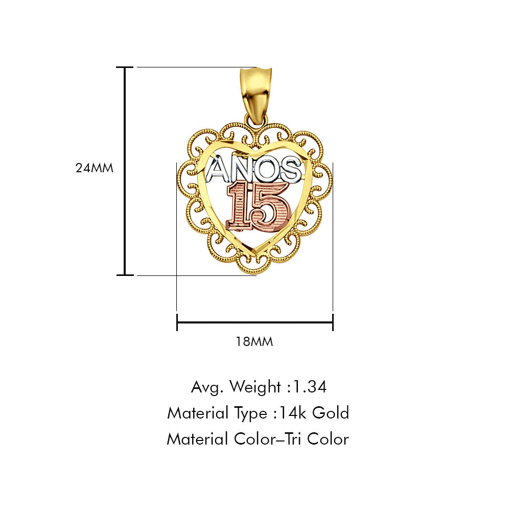 14K Tri Color Gold Anos 15 Heart Pendant 24mmX18mm With 16 Inch To 24 Inch 1.1MM Width Wheat Chain Necklace