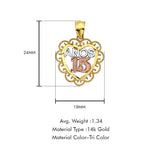 14K Tri Color Gold Anos 15 Pendant 24mmX18mm With 16 Inch To 24 Inch 0.9MM Width Wheat Chain Necklace