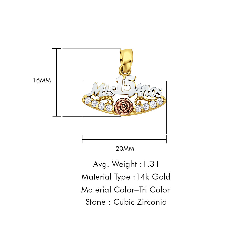 14K Tri Color Gold Mis 15 Anos Simulated CZ Pendant 16mmX20mm With 16 Inch To 24 Inch 0.8MM Width D.C. Round Wheat Chain Necklace