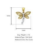 14K Two Color Gold Dragon Fly Pendant 22mmX18mm With 16 Inch To 24 Inch 0.9MM Width Wheat Chain Necklace