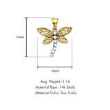 14K Two Color Gold Dragon Fly Pendant 22mmX18mm With 16 Inch To 22 Inch 1.2MM Width Side DC Rolo Cable Chain Necklace