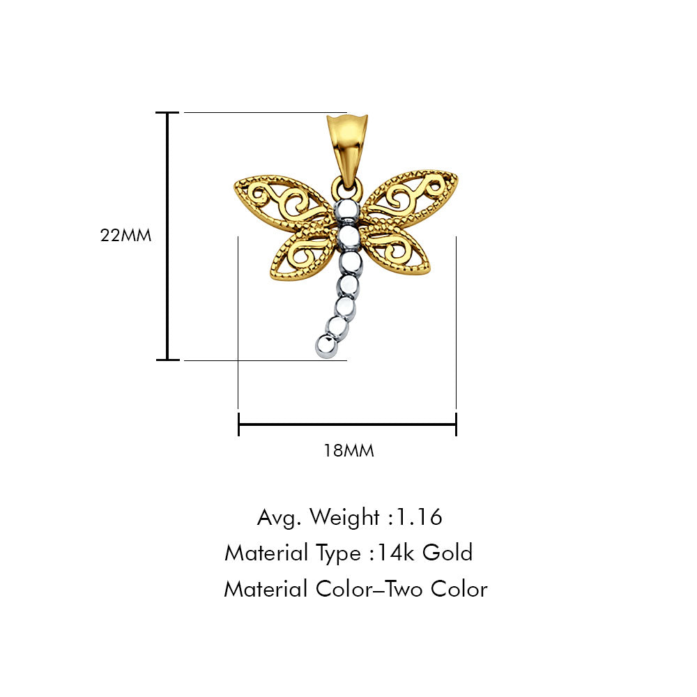 14K Two Color Gold Dragon Fly Pendant 22mmX18mm With 16 Inch To 24 Inch 1.0MM Width D.C. Round Wheat Chain Necklace
