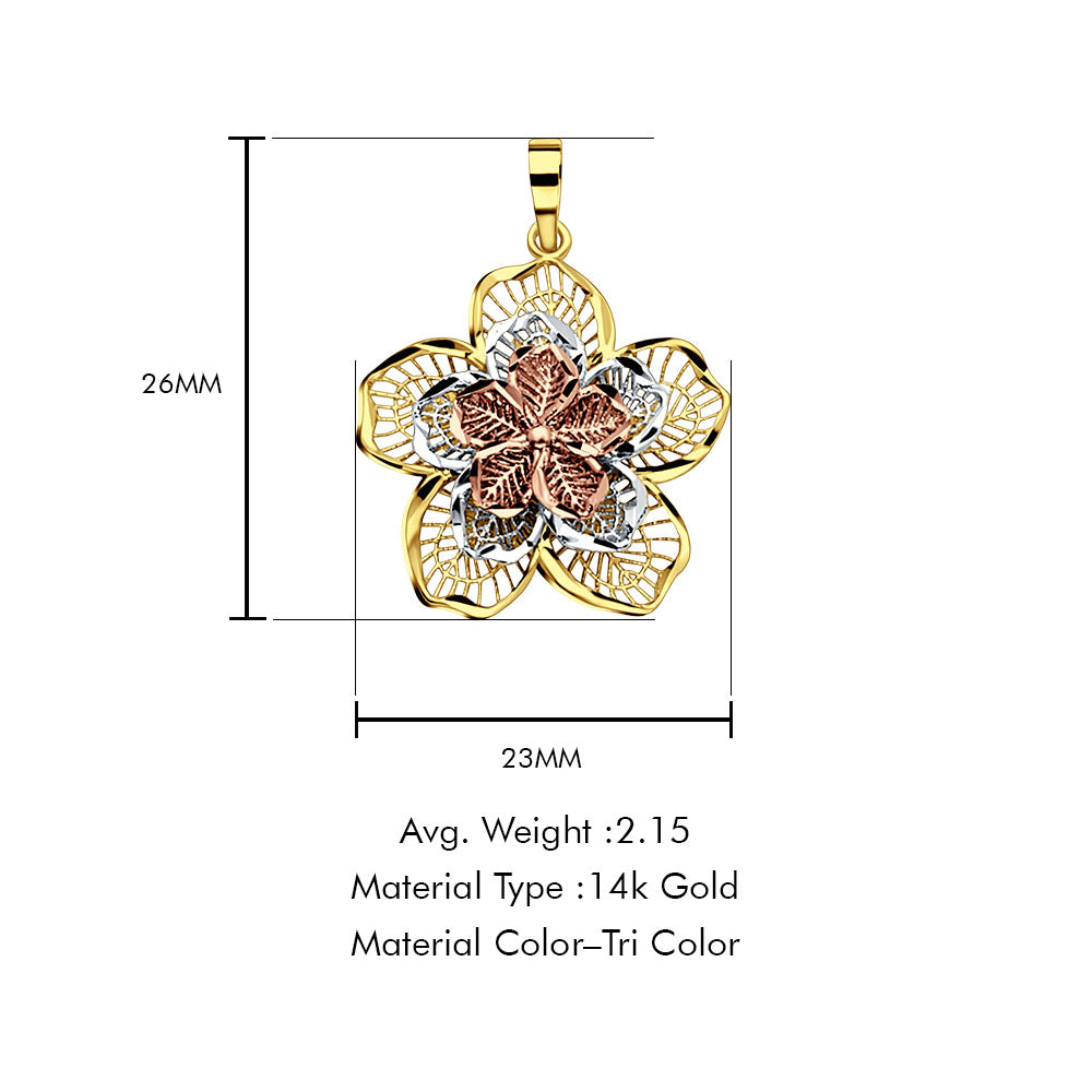 14K Tri Color Gold Filigree Flower Pendant 26mmX23mm With 16 Inch To 24 Inch 0.8MM Width Square Wheat Chain Necklace