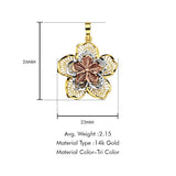 14K Tri Color Gold Filigree Flower Pendant 26mmX23mm With 16 Inch To 24 Inch 0.9MM Width Wheat Chain Necklace