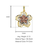 14K Tri Color Gold Filigree Flower Pendant 26mmX23mm With 16 Inch To 22 Inch 1.2MM Width Side DC Rolo Cable Chain Necklace