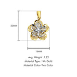 14K Two Color Gold Filigree Flower Pendant 20mmX16mm With 16 Inch To 22 Inch 1.2MM Width Side DC Rolo Cable Chain Necklace