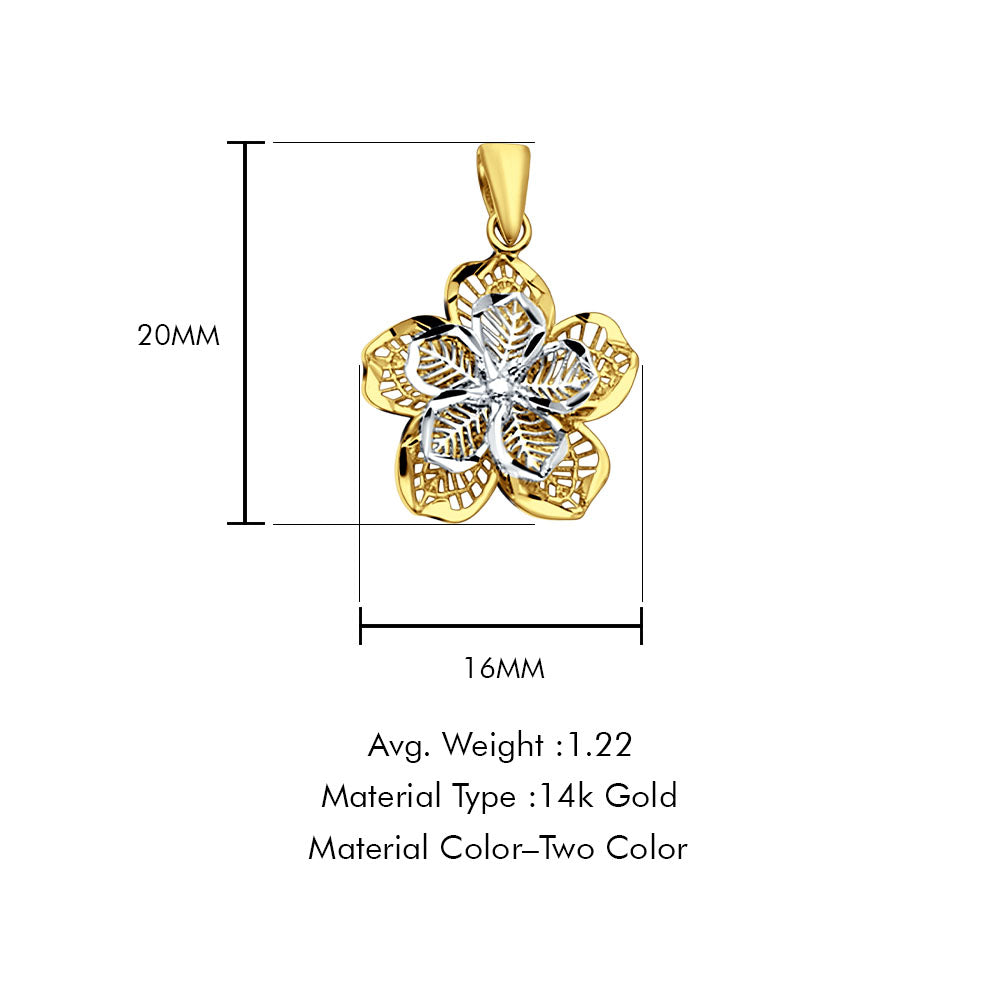 14K Two Color Gold Filigree Flower Pendant 20mmX16mm With 16 Inch To 24 Inch 0.6MM Width Box Chain Necklace