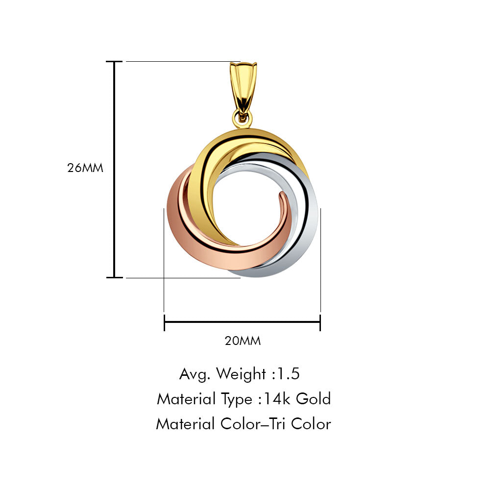 14K Tri Color Gold 3 Round Infinity Pendant 26mmX20mm With 16 Inch To 22 Inch 1.1MM Width Wheat Chain Necklace