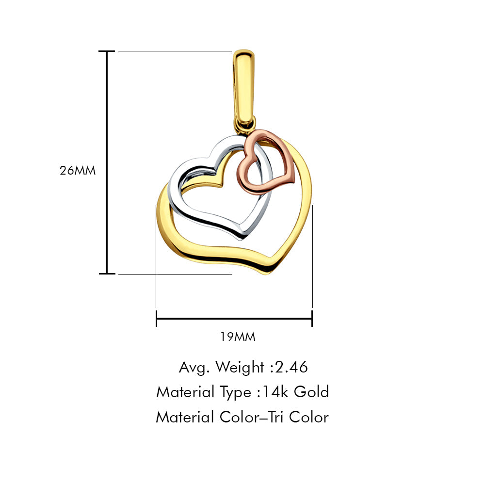 14K Tri Color Gold 3 Hearts Pendant 26mmX19mm With 16 Inch To 24 Inch 0.8MM Width D.C. Round Wheat Chain Necklace