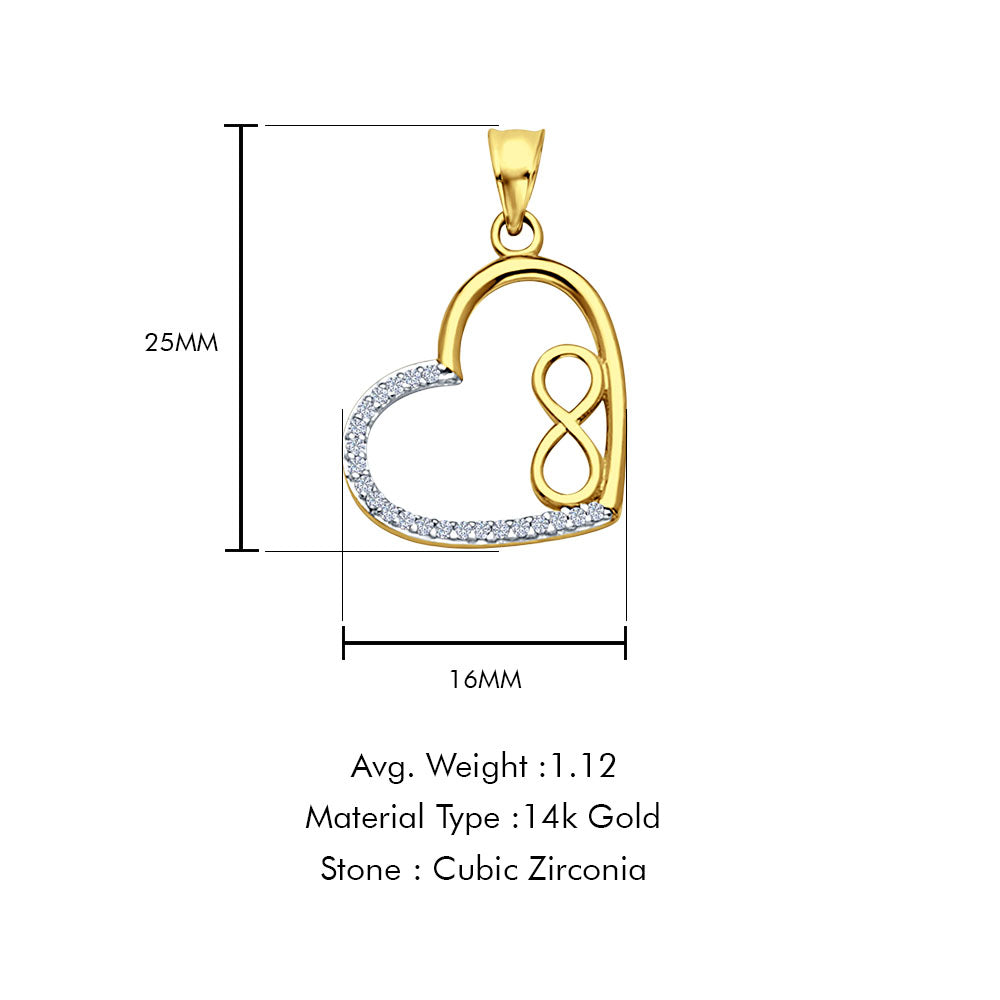 14K Yellow Gold CZ Heart Infinity Pendant 25mmX16mm With 16 Inch To 24 Inch 0.8MM Width D.C. Round Wheat Chain Necklace