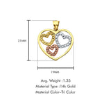 14K Tri Color Gold 3 Hearts Pendant 21mmX19mm With 16 Inch To 22 Inch 1.2MM Width Side DC Rolo Cable Chain Necklace