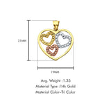 14K Tri Color Gold 3 Hearts Pendant 21mmX19mm With 16 Inch To 24 Inch 0.8MM Width Box Chain Necklace