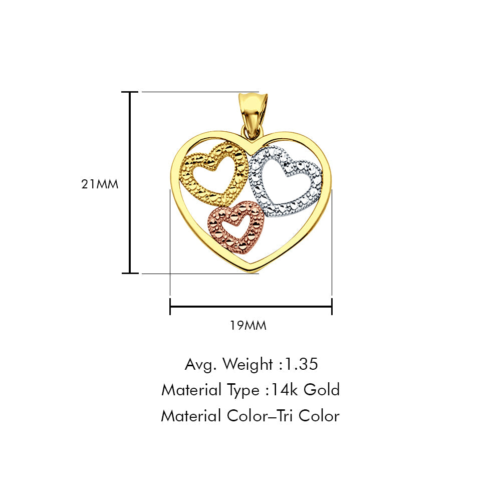 14K Tri Color Gold 3 Hearts Pendant 21mmX19mm With 16 Inch To 22 Inch 1.2MM Width Flat Open Wheat Chain Necklace
