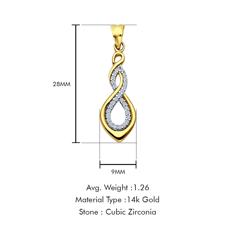 14K Yellow Gold CZ Infinity Pendant 28mmX9mm With 16 Inch To 24 Inch 0.8MM Width Square Wheat Chain Necklace