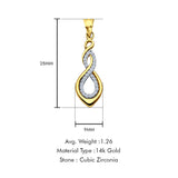 14K Yellow Gold CZ Infinity Pendant 28mmX9mm With 16 Inch To 24 Inch 0.9MM Width Wheat Chain Necklace