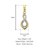 14K Yellow Gold CZ Infinity Pendant 28mmX9mm With 16 Inch To 22 Inch 1.2MM Width Classic Rolo Cable Chain Necklace