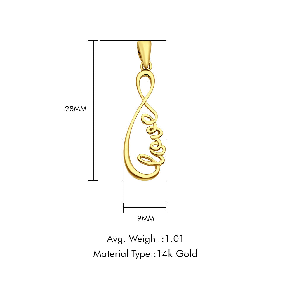 14K Yellow Gold Love Infinity Pendant 28mmX9mm With 16 Inch To 24 Inch 0.8MM Width Square Wheat Chain Necklace