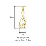14K Yellow Gold Love Infinity Pendant 28mmX9mm With 16 Inch To 24 Inch 0.8MM Width D.C. Round Wheat Chain Necklace