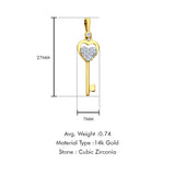 14K Yellow Gold CZ Key Pendant 27mmX7mm With 16 Inch To 24 Inch 0.8MM Width Square Wheat Chain Necklace