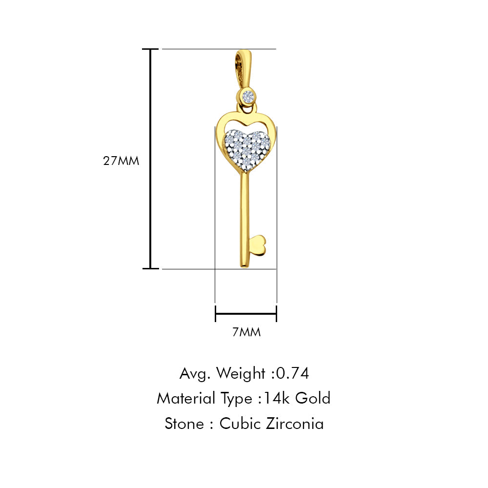 14K Yellow Gold CZ Key Pendant 27mmX7mm With 16 Inch To 24 Inch 1.1MM Width Wheat Chain Necklace