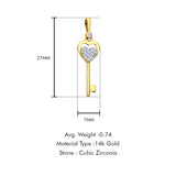 14K Yellow Gold CZ Key Pendant 27mmX7mm With 16 Inch To 24 Inch 0.9MM Width Wheat Chain Necklace