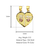 14K Tri Color Gold Te-Amo Pendant 25mmX20mm With 16 Inch To 24 Inch 0.8MM Width Box Chain Necklace