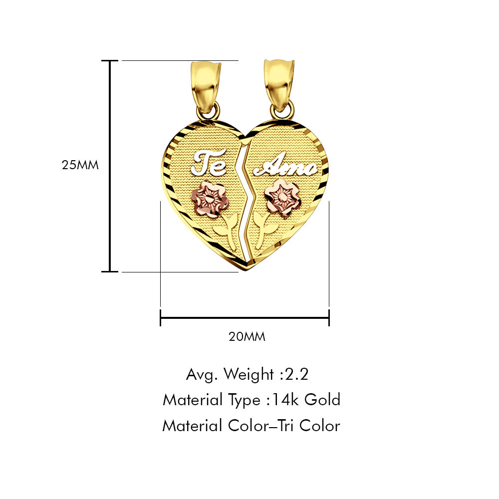 14K Tri Color Gold Te-Amo Pendant 25mmX20mm With 16 Inch To 22 Inch 0.9MM Width Angle Cut Oval Rolo Chain Necklace