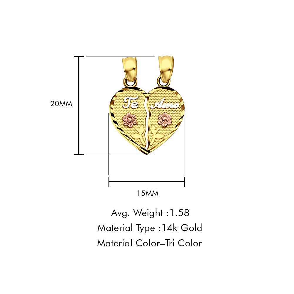 14K Tri Color Gold Te-Amo Pendant 20mmX15mm With 16 Inch To 22 Inch 1.1MM Width Wheat Chain Necklace