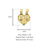 14K Tri Color Gold Te-Amo Pendant 20mmX15mm With 16 Inch To 18 Inch 1.0MM Width Box Chain Necklace