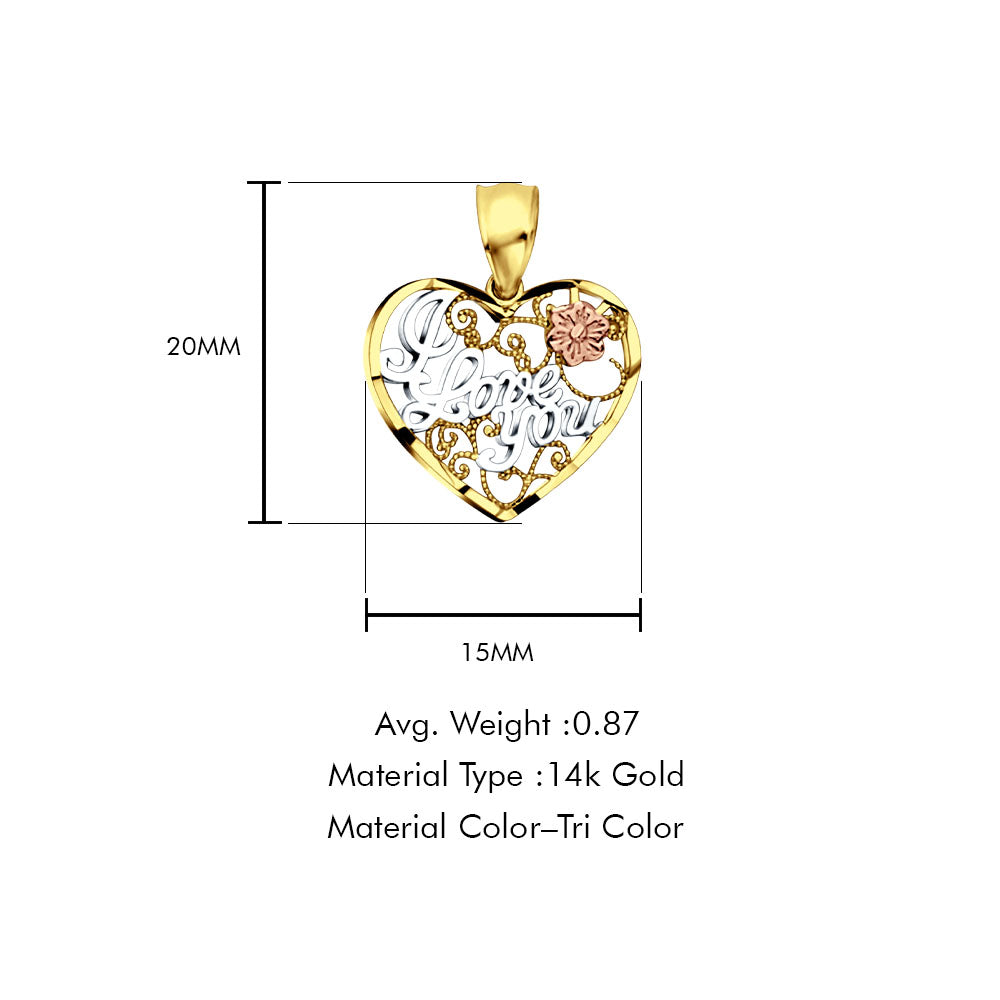 14K Tri Color Gold I Love You Pendant 20mmX15mm With 16 Inch To 24 Inch 1.1MM Width Wheat Chain Necklace