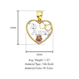 14K Tri Color Gold Te-Amo Heart Pendant 25mmX20mm With 16 Inch To 24 Inch 0.9MM Width Wheat Chain Necklace