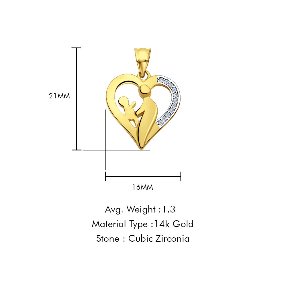 14K Yellow Gold Mom & Child CZ Pendant 21mmX16mm With 16 Inch To 24 Inch 0.8MM Width D.C. Round Wheat Chain Necklace