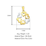 14K zweifarbiger Goldanhänger mit 6 Herzen, 23 mm x 17 mm, mit 16 Zoll bis 24 Zoll 1,1 mm breiter Weizenkette