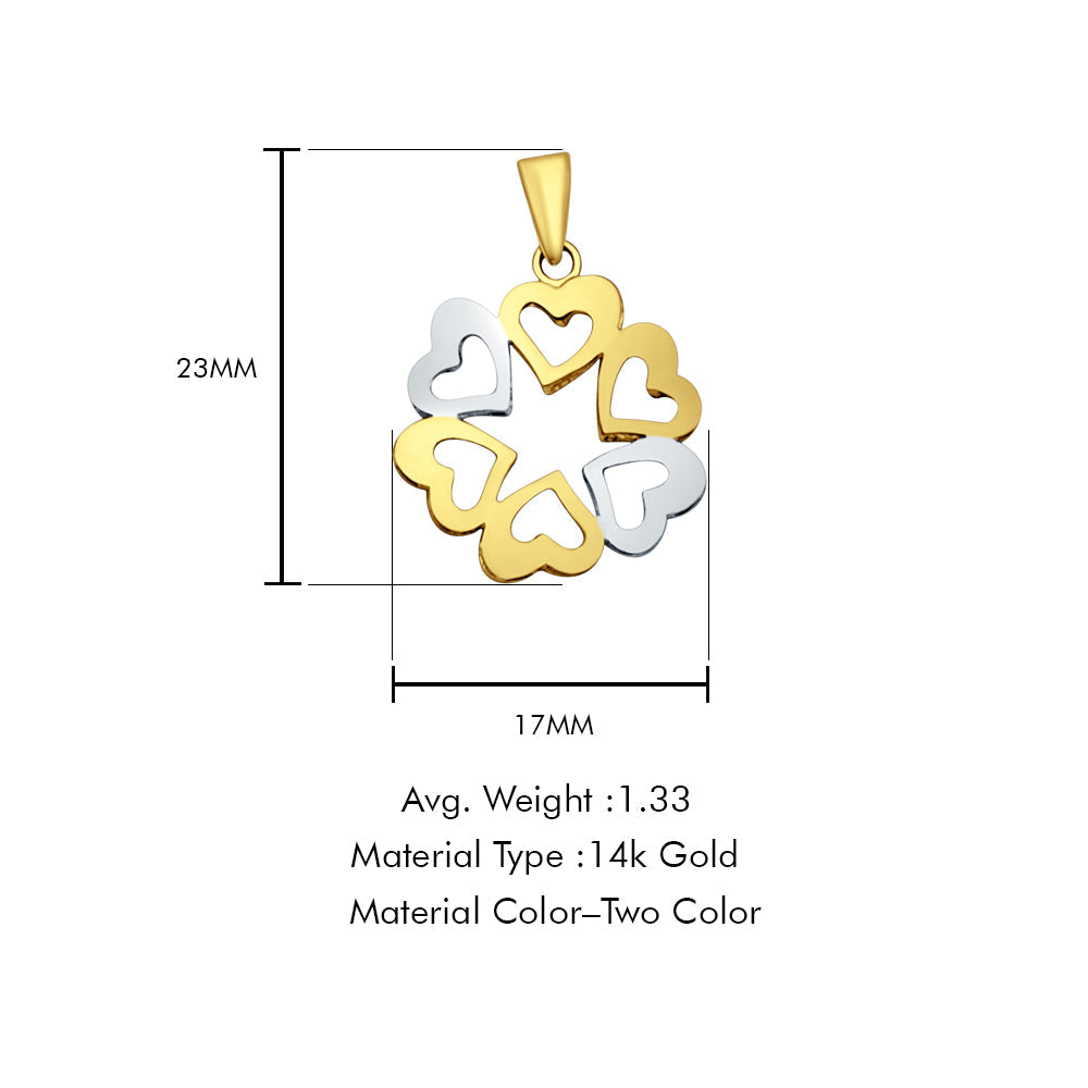 14K Two Color Gold 6 Hearts Pendant 23mmX17mm With 16 Inch To 22 Inch 1.2MM Width Angle Cut Oval Rolo Chain Necklace