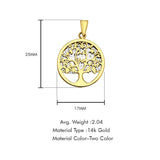 14K Two Color Gold Family Tree Pendant 25mmX17mm With 16 Inch To 24 Inch 0.8MM Width Square Wheat Chain Necklace