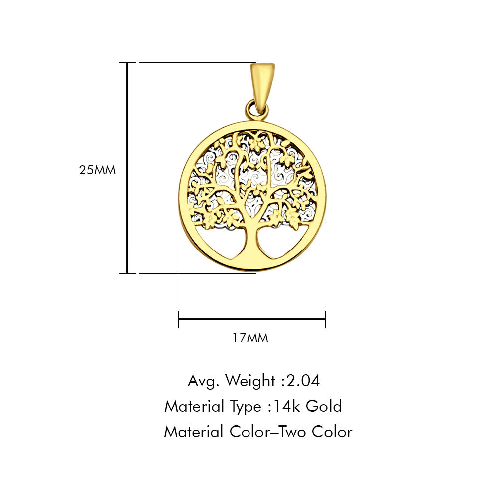 14K Two Color Gold Family Tree Pendant 25mmX17mm With 16 Inch To 24 Inch 0.9MM Width Wheat Chain Necklace