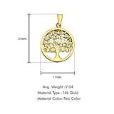 14K Two Color Gold Family Tree Pendant 25mmX17mm With 16 Inch 1.0MM Width Box Chain Necklace