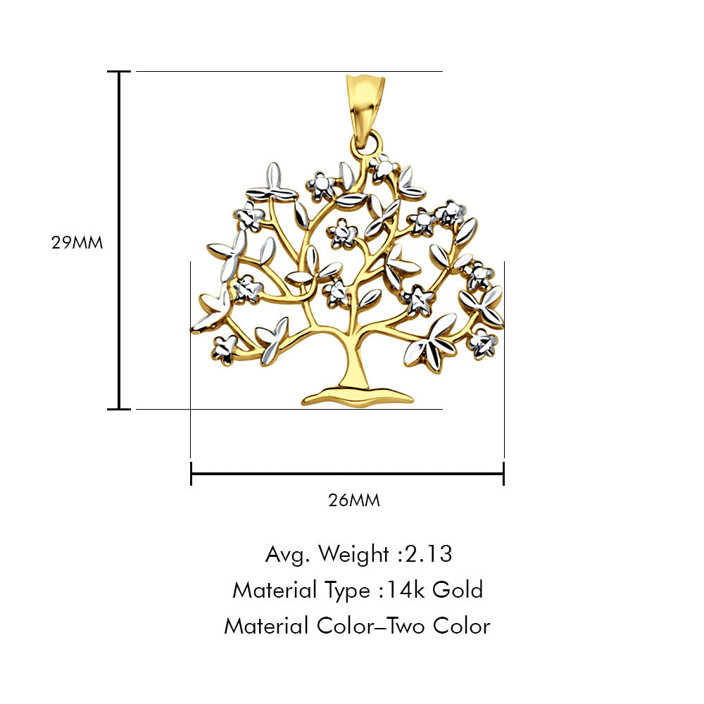 14K Two Color Gold Family Tree Pendant 29mmX26mm With 16 Inch To 18 Inch 1.1MM Width Wheat Chain Necklace
