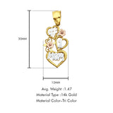 14K Tri Color Gold Mom Pendant 30mmX12mm With 16 Inch To 24 Inch 0.9MM Width Wheat Chain Necklace